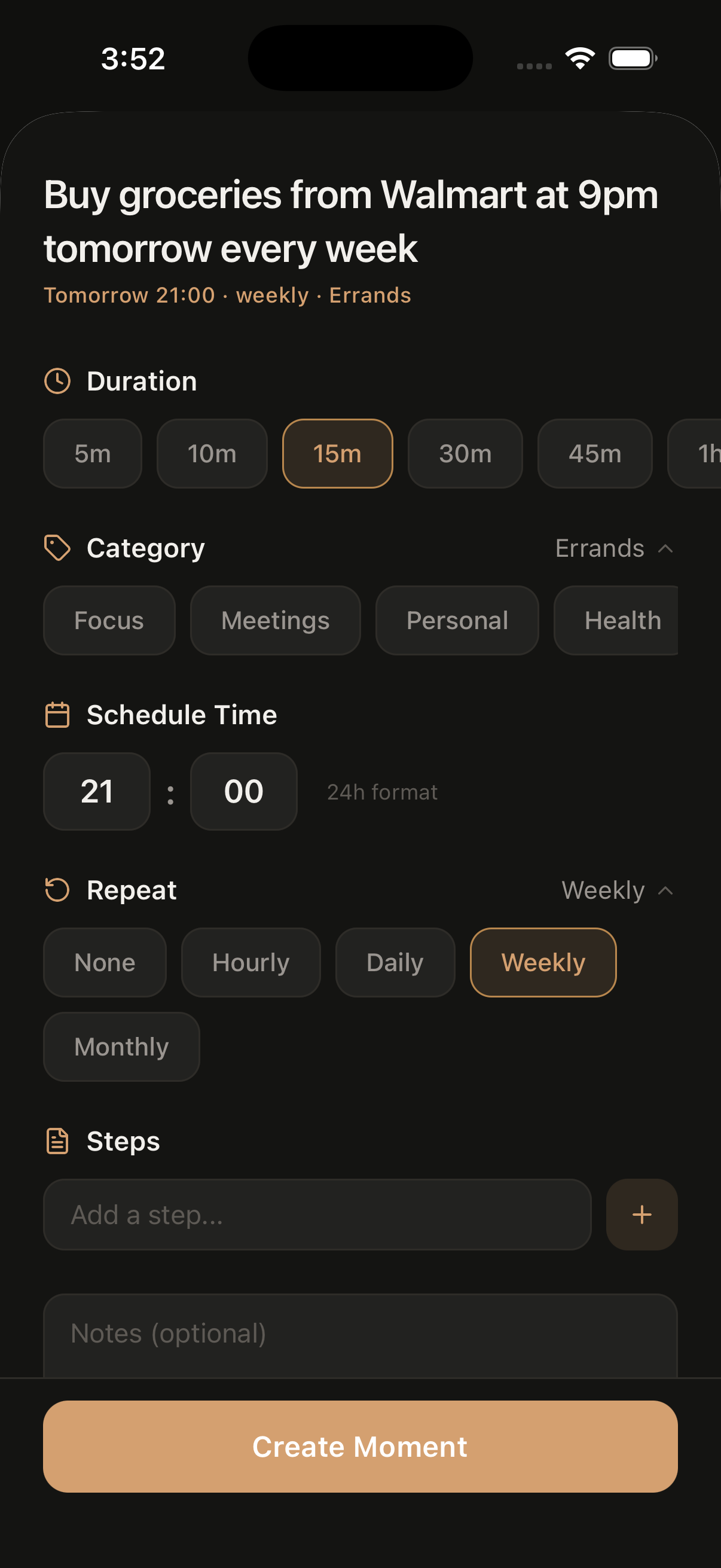 Create a new moment with scheduling options