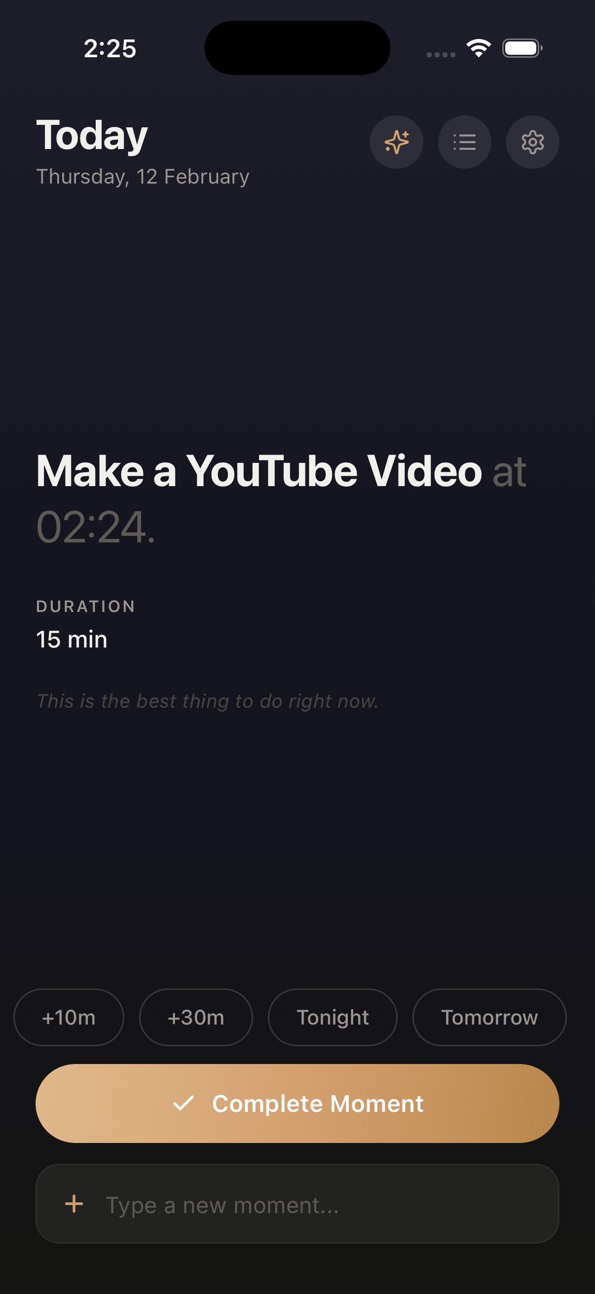 Becklist home screen showing current moment