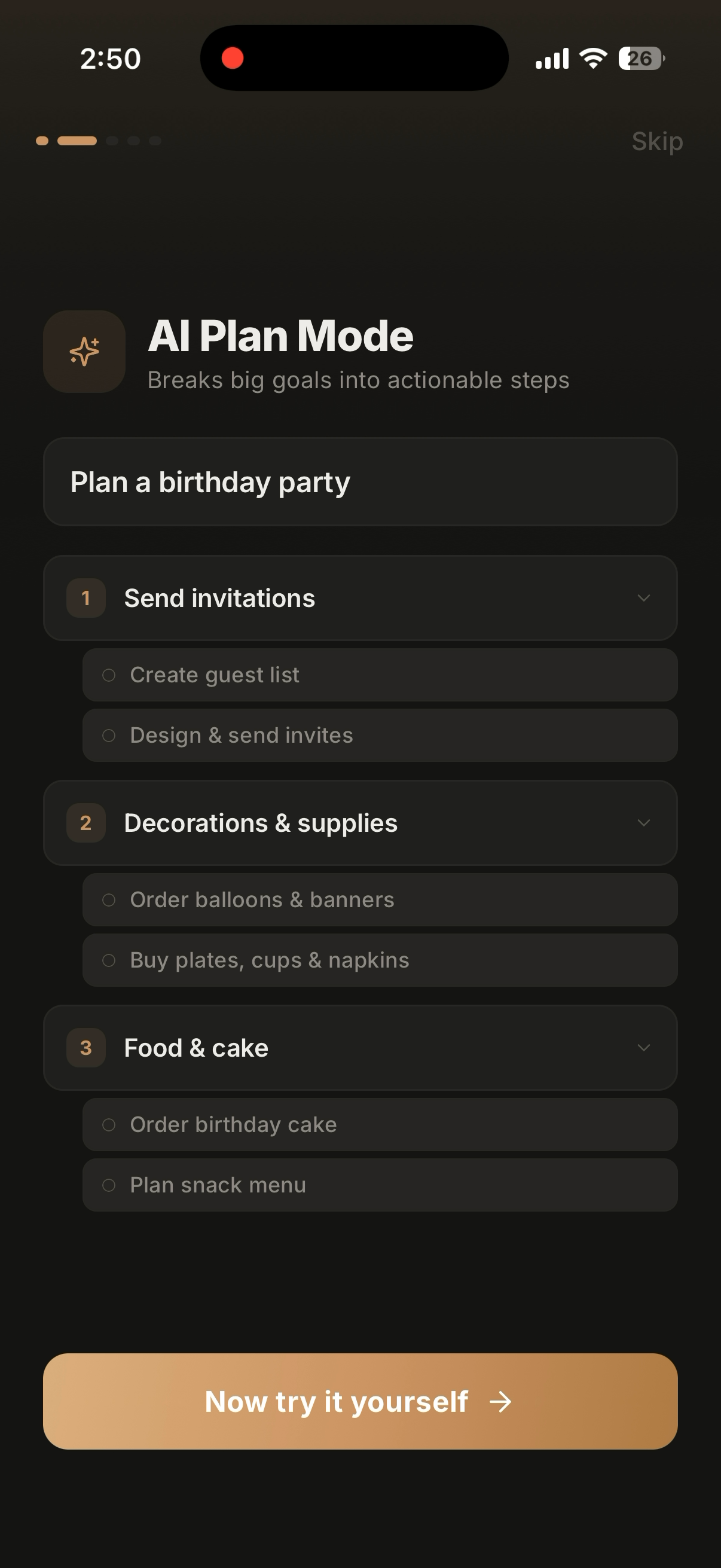 AI Plan Mode breaking a goal into steps